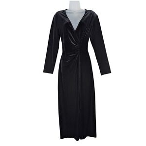 Robbie Bee Black Velvety Faux Wrap Maxi Dress‎ With Slit Women's 12 Stretchy